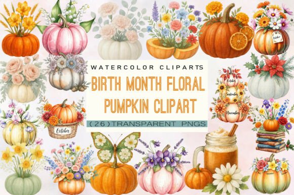 Download Birth Month Floral Pumpkin Clipart - Month floral Collection