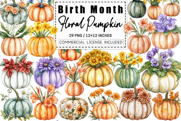 Download Birth Month Floral Pumpkin Clipart. - Month floral Collection